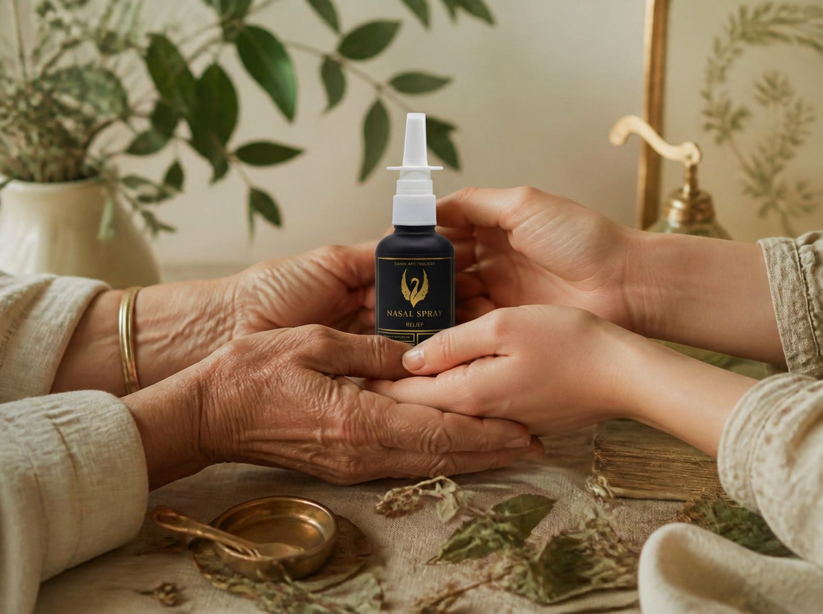 An older woman's hands and a younger adult's hands holding an apothecary bottle together