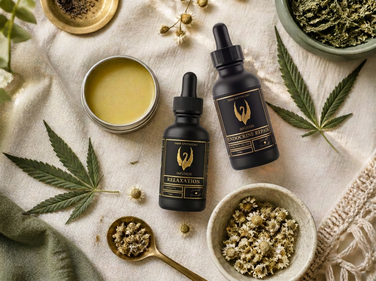 Tinctures, a salve tin and botanicals arranged on cream linen