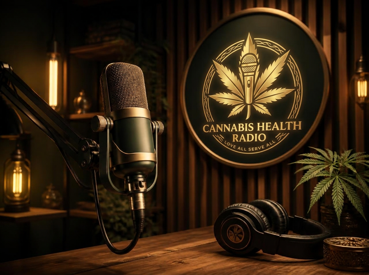 A microphone on a wooden desk in a warm, plant-filled room
